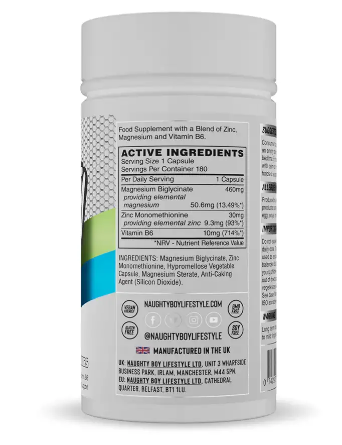 Naughty Boy ZM500 ZMA Etikett – Zutatenliste mit Zink Monomethionin, Magnesium Bisglycinat und Vitamin B6